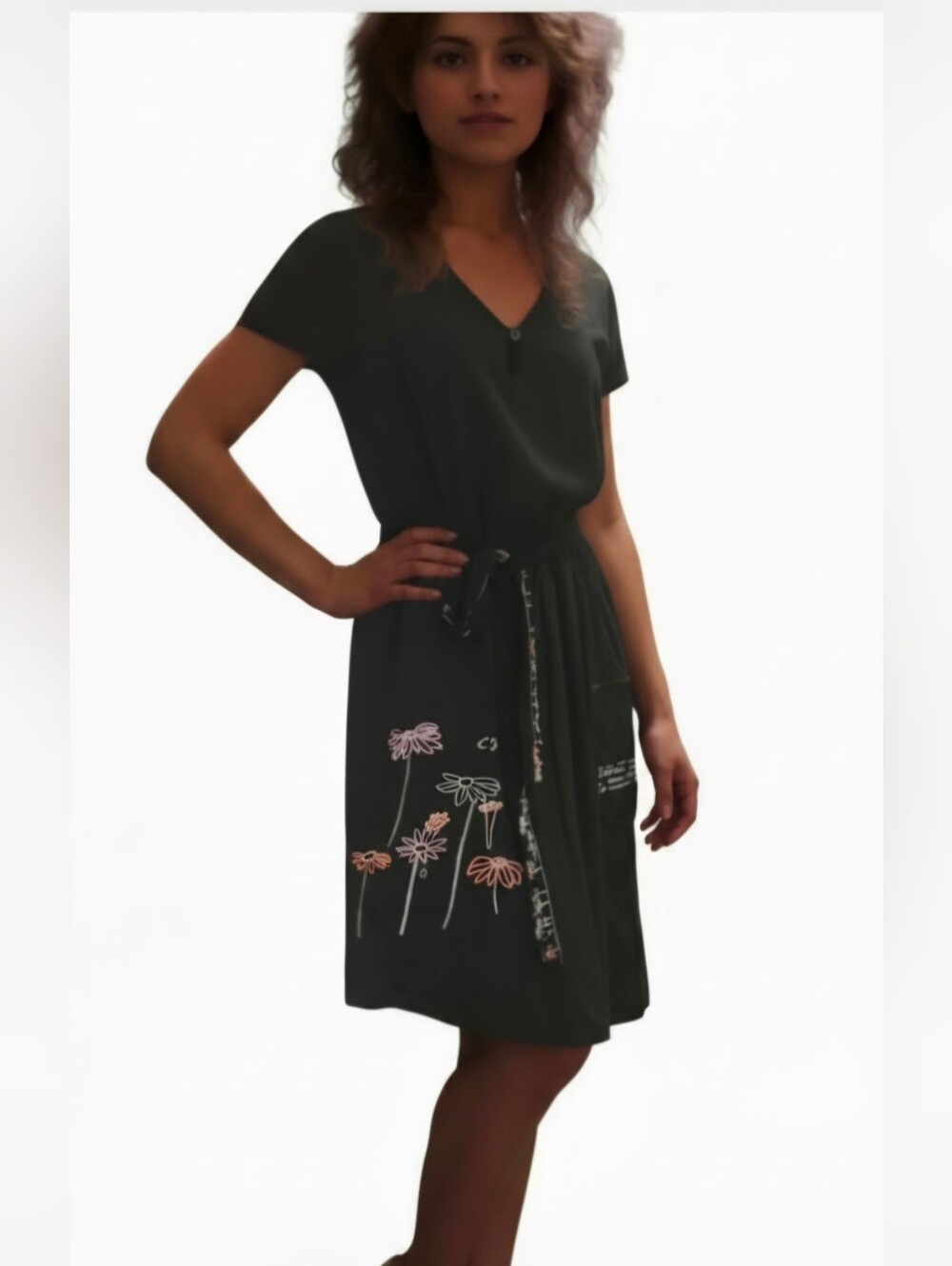 Cop copine Black Floral Embroidered Cup sleeve midi Dress With Pocket, Size S